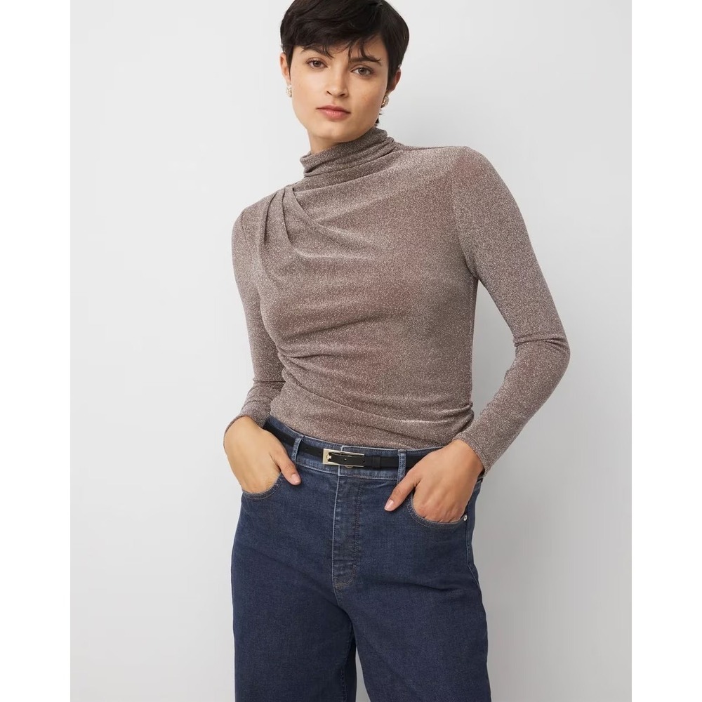NWT WHBM FORME Stretch Metallic Long-Sleeve Tee Gray Silver Size Medium